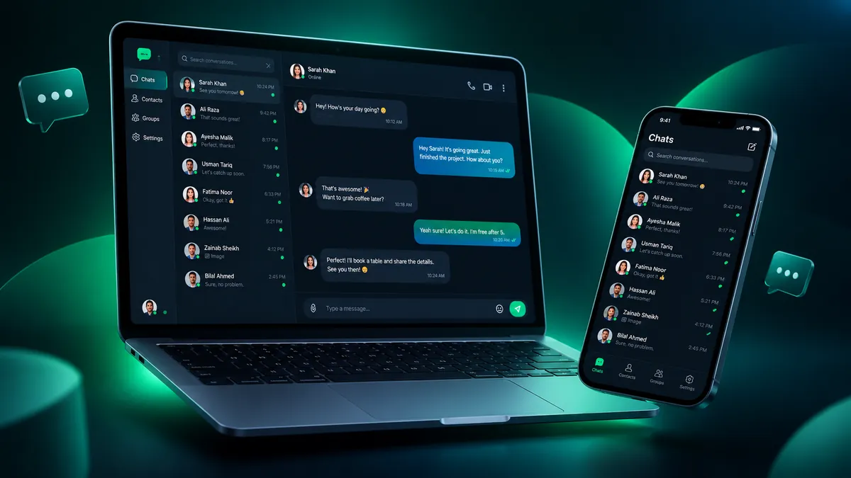 Real-Time Chat App shown on a laptop and a phone, with a conversation list and an open chat