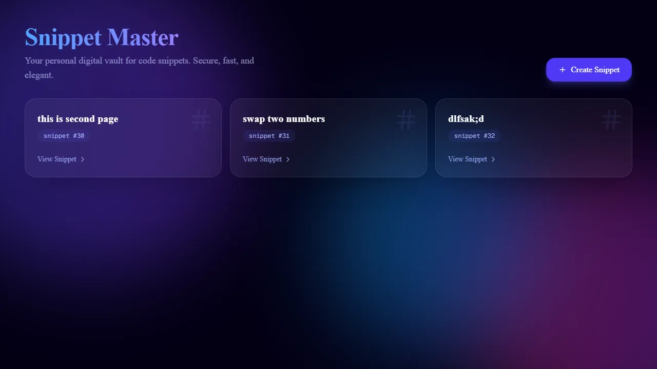 Snippet Master home screen with a Create Snippet button and cards for saved snippets