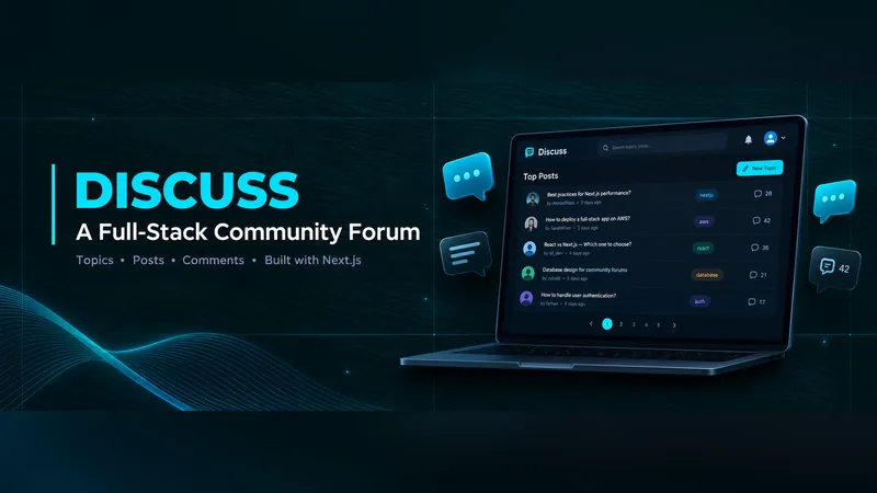 Discuss, a full-stack community forum built with Next.js, shown on a laptop